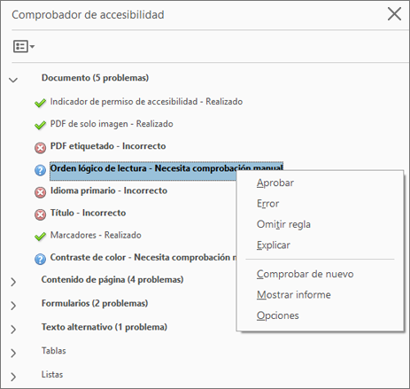 captura de pantalla de Adobe Acrobat Pro en el que se puede apreciar los resultados de ejecutar el "comprobador de accesibilidad"