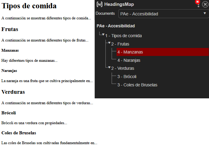 Imagen de una página HTML y la herramienta HeadkingsMap indicando que el encabezado "Frutas" tiene un nivel 2 y los encabezados inmediatamente posteriores tienen un nivel 4.